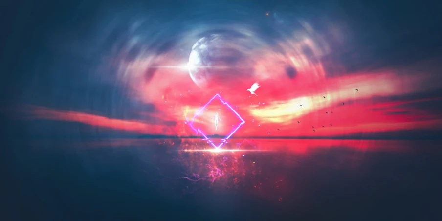 a digital painting of a diamond in the middle of a body of water, digital art, inspired by Cyril Rolando, digital art, red and blue neon, vertical wallpaper, gradient mixed with nebula sky, magical runes flying