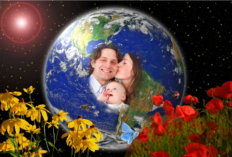 a man and woman holding a baby in front of a picture of the earth, a colorized photo, inspired by Anne Geddes, with flowers, planet earth background, artgerma and greg rutkowski, happy family