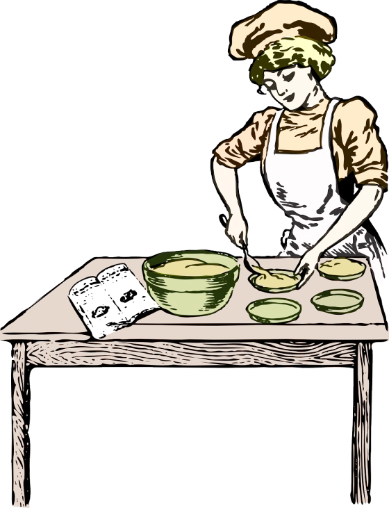 a woman in an apron preparing food on a table, a digital rendering, inspired by Elizabeth Shippen Green, pixabay, process art, on black background, -step 50, pots and pans, colored woodcut