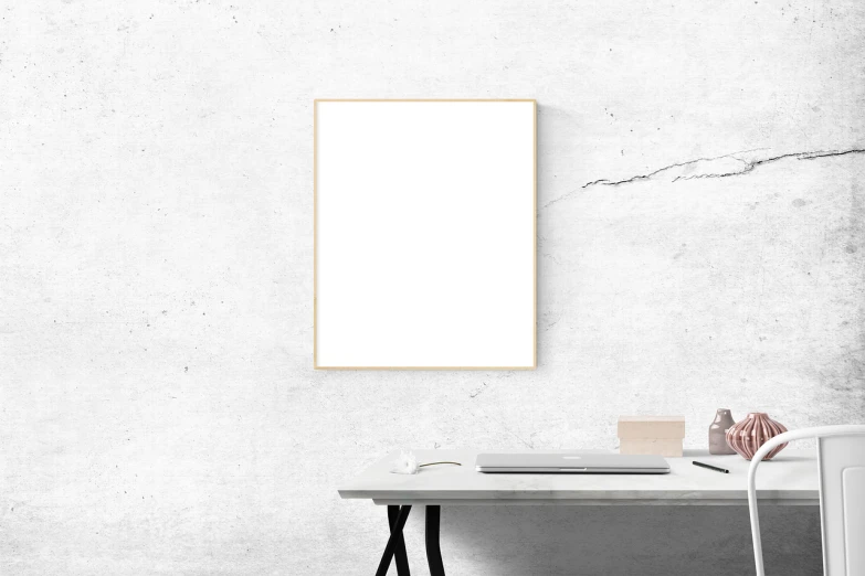 a picture frame hanging on a wall next to a desk, a minimalist painting, postminimalism, white marble interior photograph, gold and white, large vertical blank spaces, smooth defined outlines