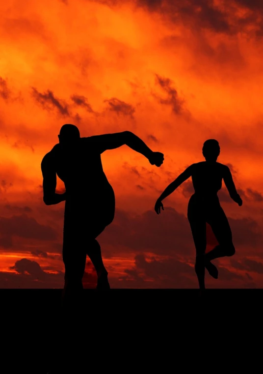 a couple of people that are playing with a frisbee, a picture, by Zoran Mušič, pexels contest winner, romanticism, orange and red sky, athletic muscle tone, running sequence, black and orange