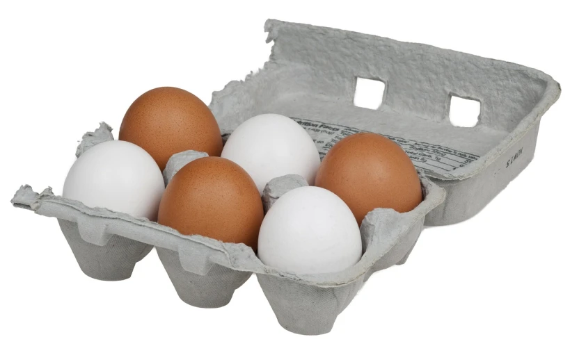 six eggs in a carton on a white background, by Paul Davis, pixabay, bauhaus, high res photo, cut-away, recipe, morning detail
