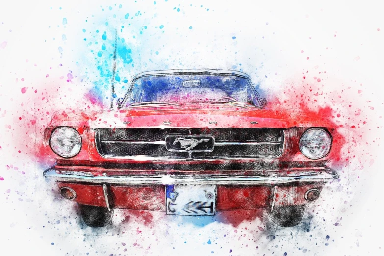 a red mustang painted in watercolor on a white background, by Adam Marczyński, art photography, beautiful art uhd 4 k, vintage cars, red and blue, portrait c 12.0