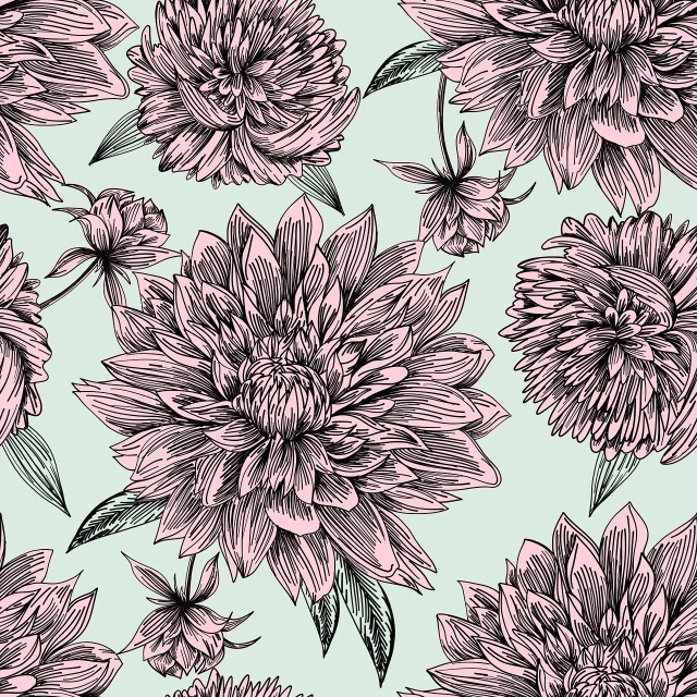 a bunch of pink flowers on a blue background, a detailed drawing, inspired by William Morris, shutterstock, black outlines, dahlias, seamless, intricate details illustration