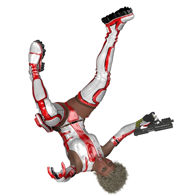 a man flying through the air while riding a skateboard, a digital rendering, inspired by Rob Liefeld, zbrush central contest winner, afrofuturism, she is laying on her back, white and red body armor, cyberpunk glossy latex suit, anatomically correct android