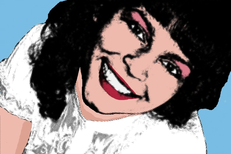 a woman with a big smile on her face, a colorized photo, inspired by Howard Kanovitz, flickr, pop art, macpaint, michael jackson portrait, sarah andersen, judy garland