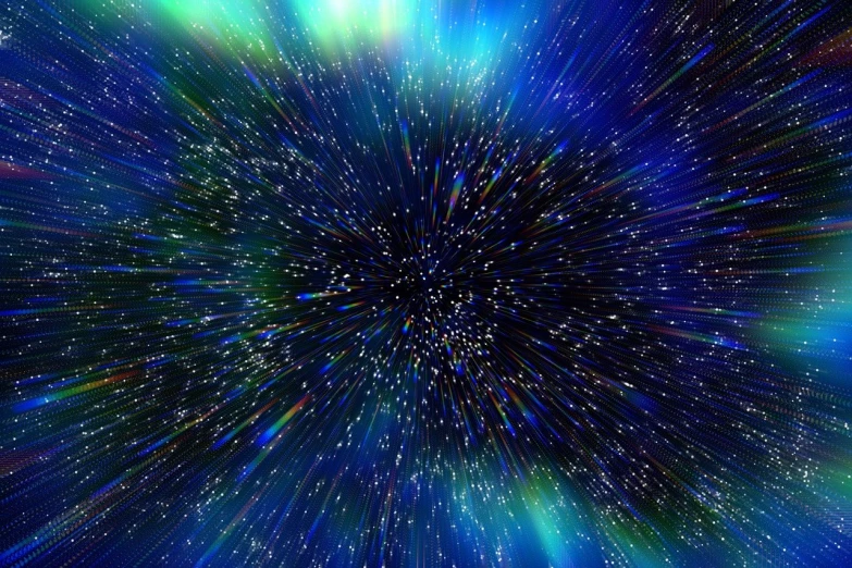 a blue and green space filled with stars, a microscopic photo, pexels, light and space, background explosion, hyperspeed, evil warp energy, starry sky!!