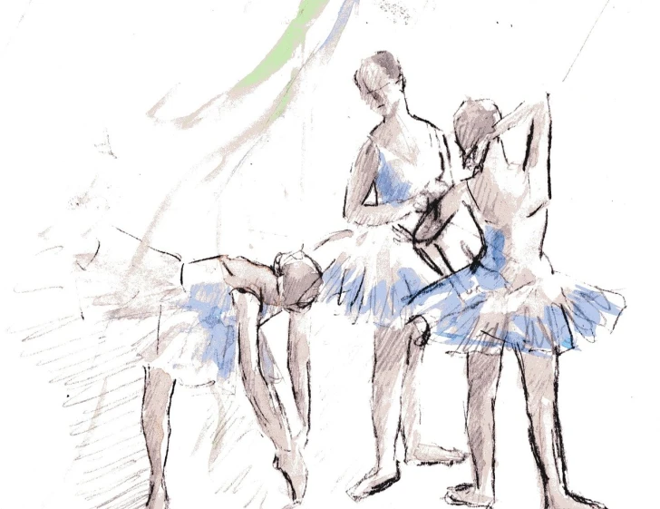 a drawing of two ballerinas standing next to each other, a sketch, inspired by Edgar Degas, shutterstock, blurred and dreamy illustration, blues, various bending poses, rough color pencil illustration