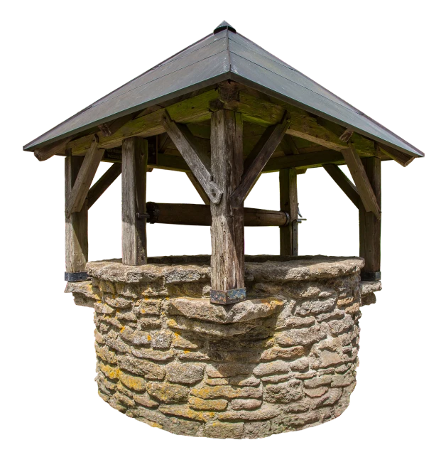 a wooden gazebo sitting on top of a stone wall, by Edward Corbett, shutterstock, renaissance, watertank, on black background, high detail product photo, made from old stone