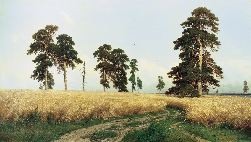 a painting of some trees in a field, a fine art painting, by Ivan Shishkin, flickr, socialist realism, wheat fields, andrey gordeev, hyper - realistic, dirt road