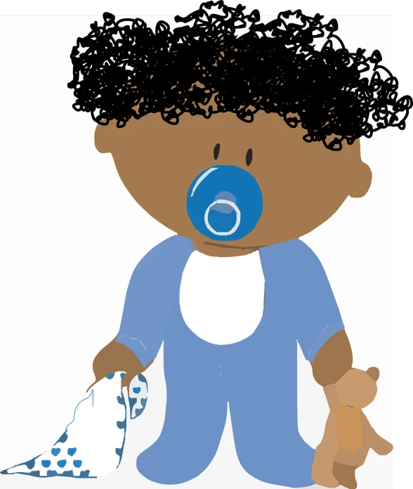 a baby with a pacifier and a teddy bear, by Maxwell Bates, digital art, a black man with long curly hair, paint tool sai!! blue, blue and black color scheme, clipart