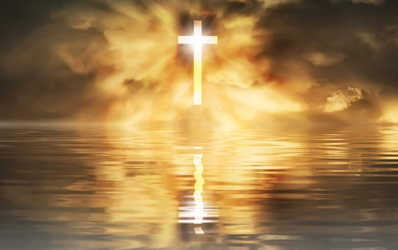 a cross in the middle of a body of water, a picture, by Eugeniusz Zak, shutterstock, art deco, yellowish light, light and clouds, vertical wallpaper, cr3