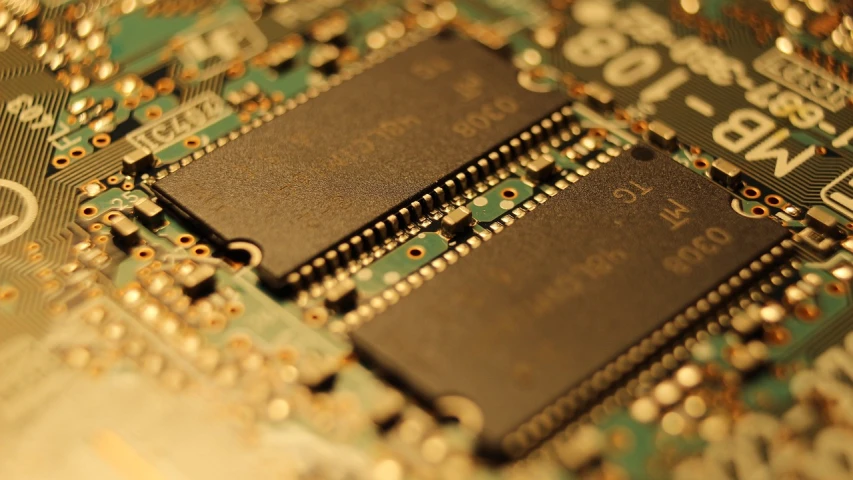 a close up of a computer chip on a motherboard, unsplash, shot on kodak vision 200t, a wooden, video, gold