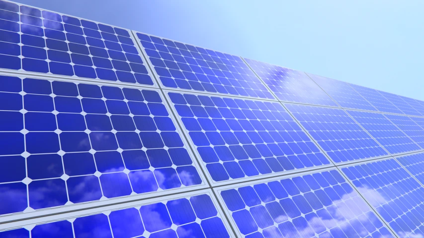 a row of solar panels against a blue sky, a digital rendering, closeup photo, istockphoto, blue realistic 3 d render, low - angle shot from behind