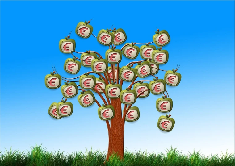 a tree that has a lot of apples on it, a digital rendering, figuration libre, currency symbols printed, ebay photo, european, ad image