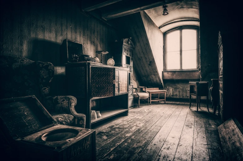 a living room filled with furniture and a window, by Matthias Weischer, spooky and scary atmosphere, in an attic, old furniture, very old photo