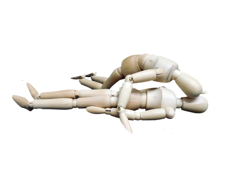 a couple of wooden dolls laying on top of each other, inspired by Sarah Lucas, pixabay, robot arm skeleton, dramatic floating pose, 5 fingers). full body, she is laying on her back