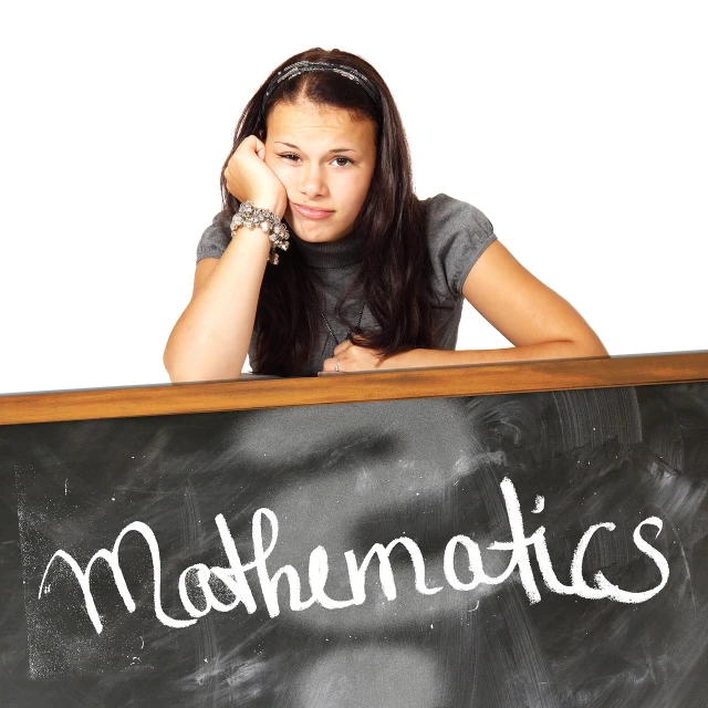 a woman leaning on a blackboard with the word mathematics written on it, shutterstock, romanticism, a beautiful teen-aged girl, menacing!, sat at a desk, advertising photo