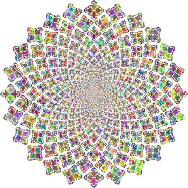 a multicolored flower on a black background, a raytraced image, generative art, mosaic, pulled into the spiral vortex, made from million point clouds, geometric tesseract