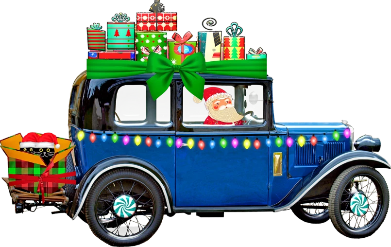 a blue car with presents on top of it, a digital rendering, by Jeka Kemp, pixabay, ford model t, postman pat, on black background, vintage!