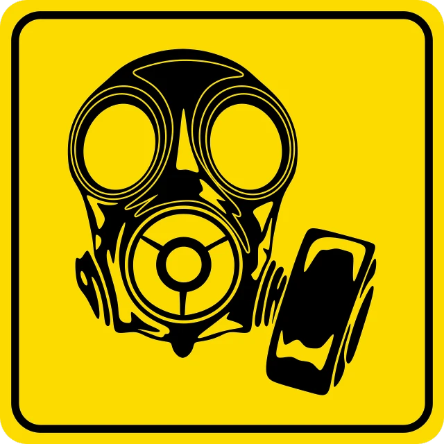 a black and yellow sign with a gas mask on it, vector art, phone, closeup photo, mortar, sticker illustration