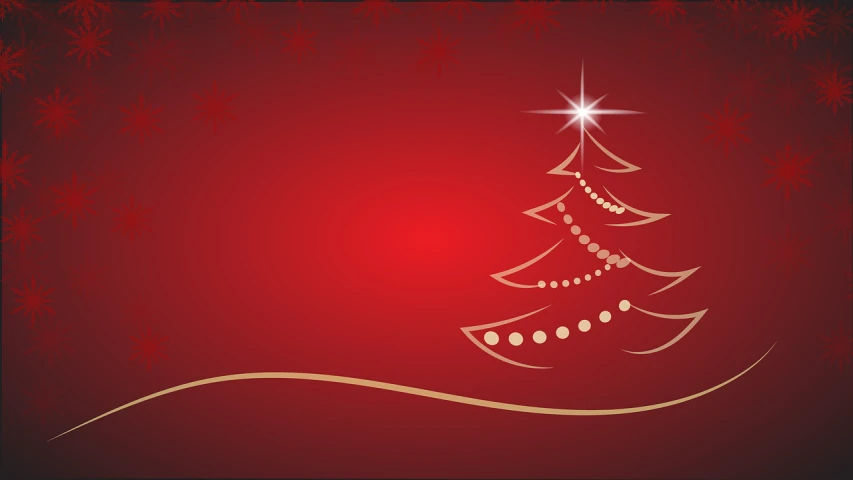 a christmas tree on a red background with snowflakes, a picture, pixabay, happening, shiny gold, single line, register, on simple background