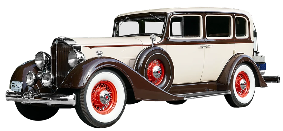 a close up of a vintage car on a black background, a pastel, by Dean Roger, pixabay, art deco, red brown and white color scheme, white background, full height view, high detail product photo