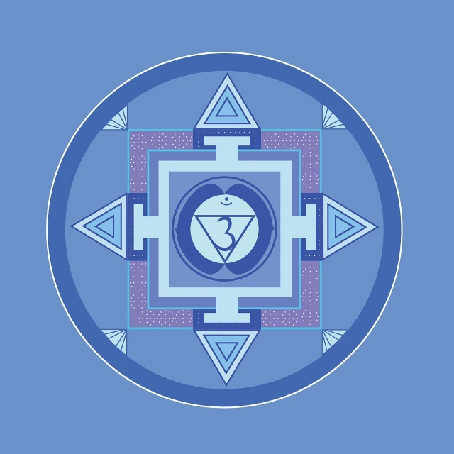 the seven chakrai symbols are arranged in a circle, an illustration of, symbolism, blue and violet color scheme, yantra, centered in panel, light-blue