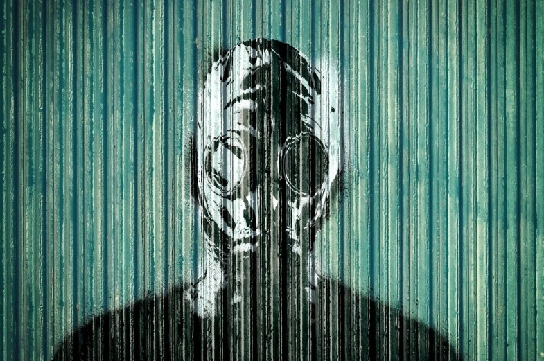 a painting of a man wearing a gas mask, vector art, street art, spooky photo, random background scene, tortured face made of wood, top secret style photo