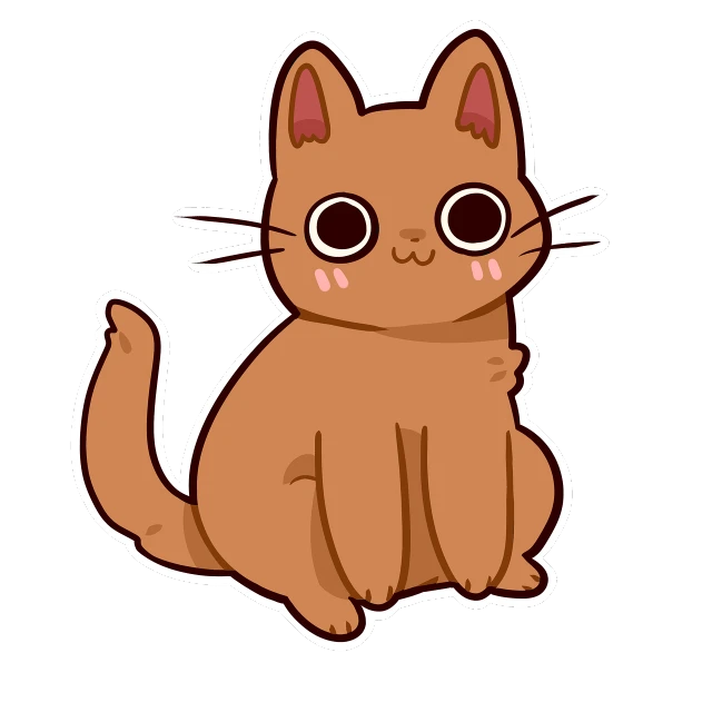 a brown cat with big eyes sitting down, inspired by Nyuju Stumpy Brown, on a flat color black background, cute anime style, clipart, sticker illustration