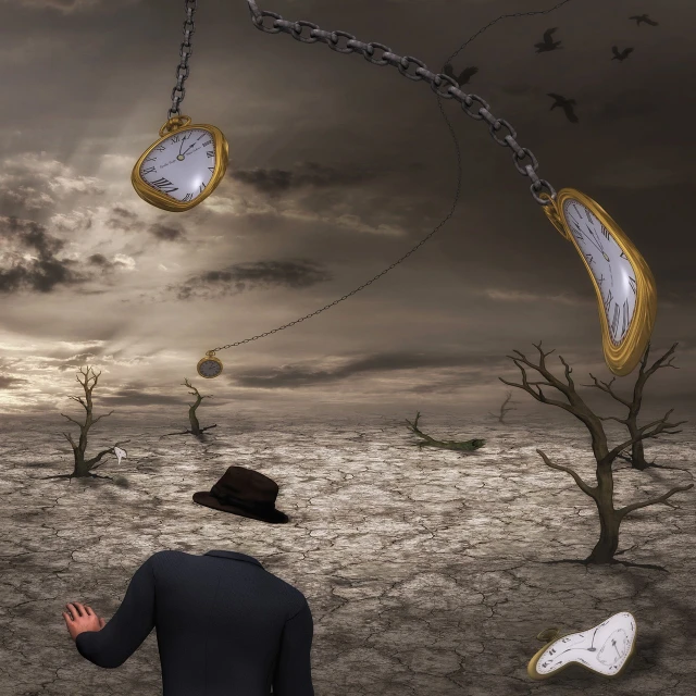 a man that is standing in the dirt, inspired by Salvador Dali, cg society contest winner, surrealism, chains dangling from the ceiling, watch photo, 2 d cg, floating objects