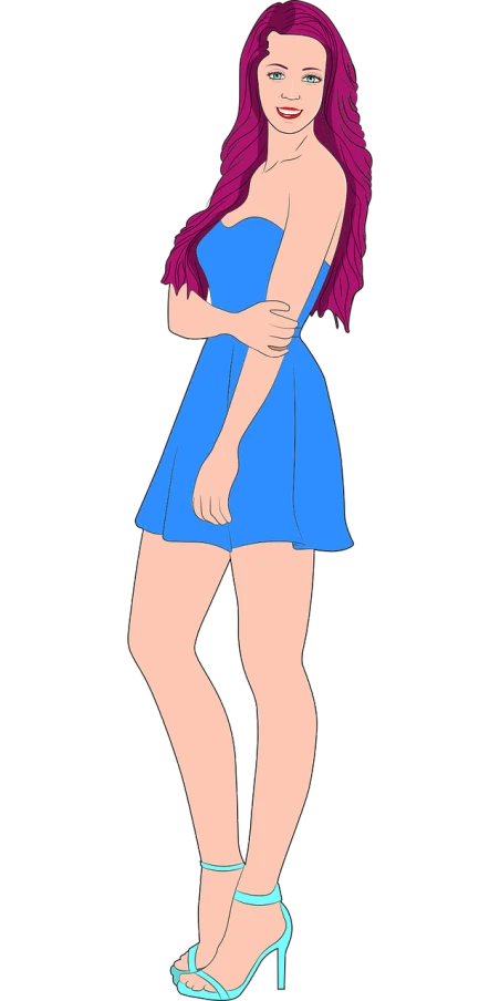 a woman in a blue dress and high heels, an anime drawing, inspired by Glòria Muñoz, trending on deviantart, with pink hair, chloe price, full body render, animation style