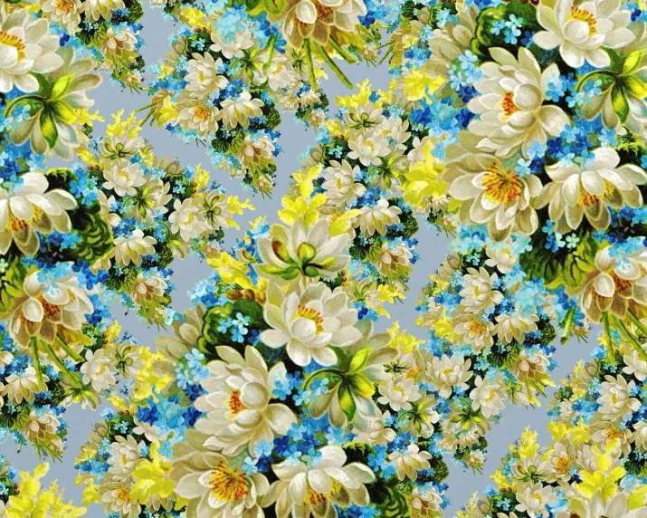 a bunch of white and blue flowers on a blue background, inspired by Louis-Michel van Loo, full of yellow flowers flowers, extremely high quality artwork, repeat pattern, waterlily pads