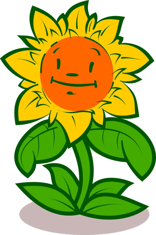 a cartoon sunflower with a happy face, inspired by Jim Davis, mingei, on a flat color black background, plant predator, link, orange and green power