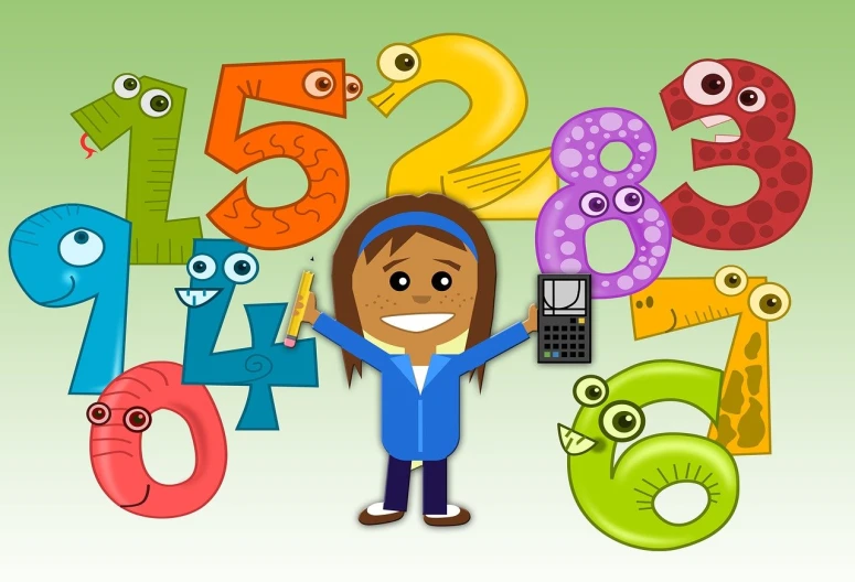 a girl holding a calculator in front of a set of numbers, by David Burton-Richardson, pixabay, naive art, an olive skinned, 😃😀😄☺🙃😉😗, created in adobe illustrator, teacher