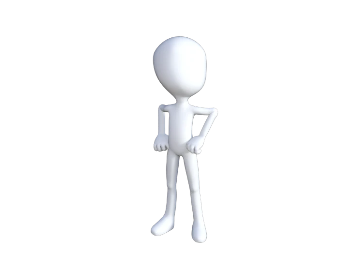 a white man standing with his hands on his hips, a raytraced image, inspired by Jean Tabaud, polycount, stick figure, full lenght view. white plastic, with a black background, animation still