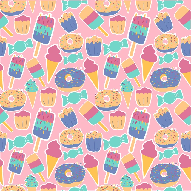 a pattern of ice cream, donuts, and sprinkles on a pink background, a picture, tumblr, material pack, graffiti _ background ( smoke ), eating cakes, various items