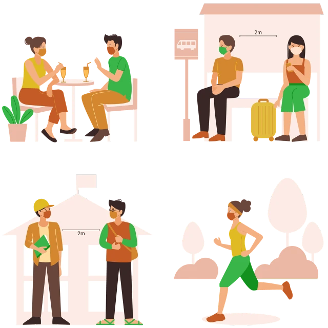 a couple of people that are sitting down, an illustration of, shutterstock, figuration libre, various scenarios, nearest neighbor, people are wearing masks, drinking alcohol
