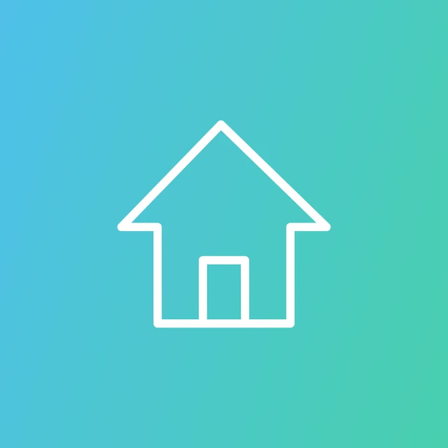 a white outline of a house on a blue and green background, minimalism, pictogram, full colour, from the front, plain background