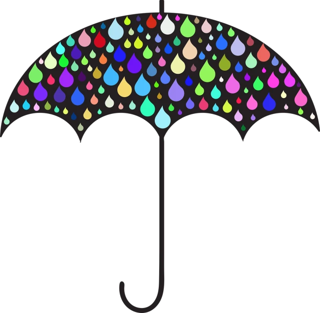 a colorful umbrella with rain drops on it, inspired by Milton Glaser, conceptual art, black backround. inkscape, random colors, tear drops, mary poppins