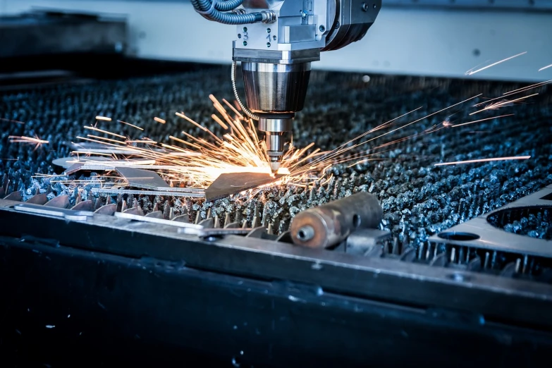 a machine cutting a piece of metal with sparks, an engraving, by Jakob Gauermann, pexels, lasers and explosions, cad cam cae, full length shot, industrial party