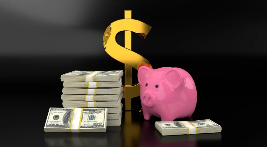 a pink piggy bank sitting on top of a pile of money, a digital rendering, by Matt Cavotta, pixabay, on black background, istockphoto, 3d cg, gold