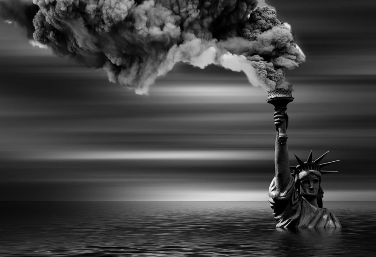 a black and white photo of a statue of liberty, digital art, nuclear art, smoke on the water, upset, toxic clouds, 2 0 2 2 photo