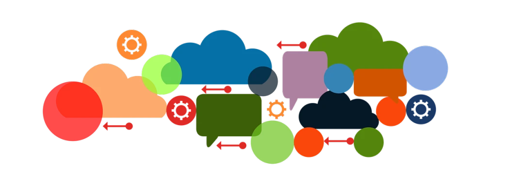 a group of colorful speech bubbles on a black background, a diagram, by Matt Cavotta, cloud, integrating with technology, banner, edited