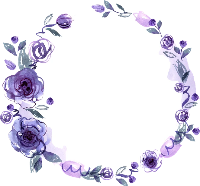 a round frame with purple flowers and leaves, a watercolor painting, sōsaku hanga, 4 k post, purple and black color scheme, roses, more dark purple color scheme