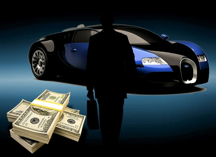 a man standing in front of a car and a pile of money, trending on pixabay, conceptual art, bugatti, with a blue background, with a black background, bank robbery