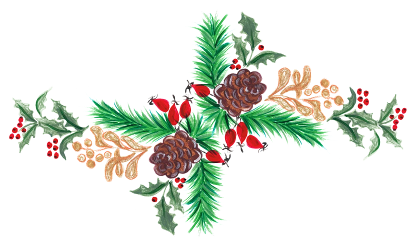 a cross decorated with holly leaves and pine cones, a digital rendering, by Susan Heidi, folk art, y2k design, cut, shoulder patch design, centerpiece symmetry