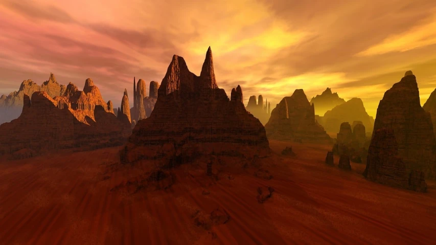 a computer generated image of a desert landscape, inspired by John Martin, mordor, chiseled formations, warm glow coming the ground, photo shot