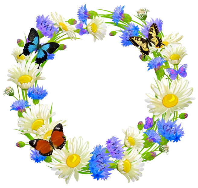 a wreath of daisies, blue cornflowers, and a butterfly, an illustration of, the background is black, ( ultra realistic, colorful wildflowers, illustration]