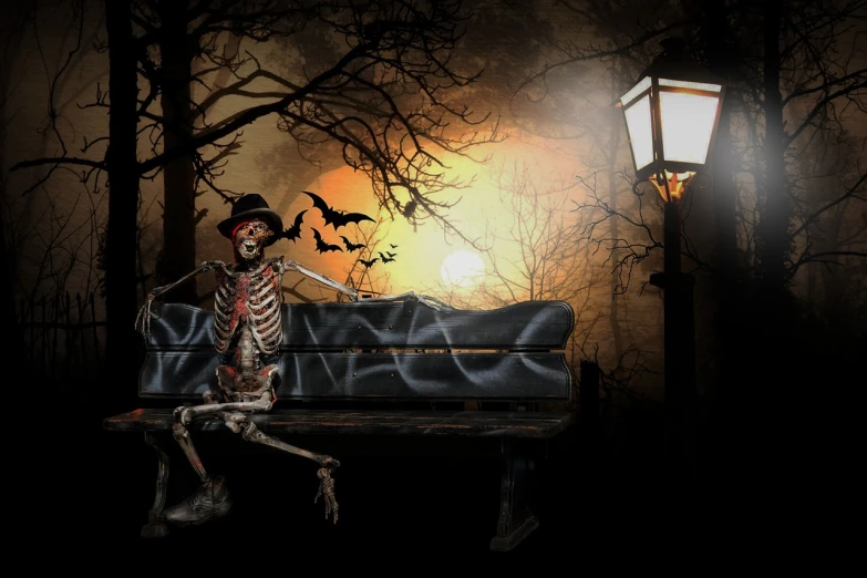 a skeleton sitting on top of a wooden bench, digital art, pixabay contest winner, digital art, halloween night, sitting on a park bench, 4k high res, various posed